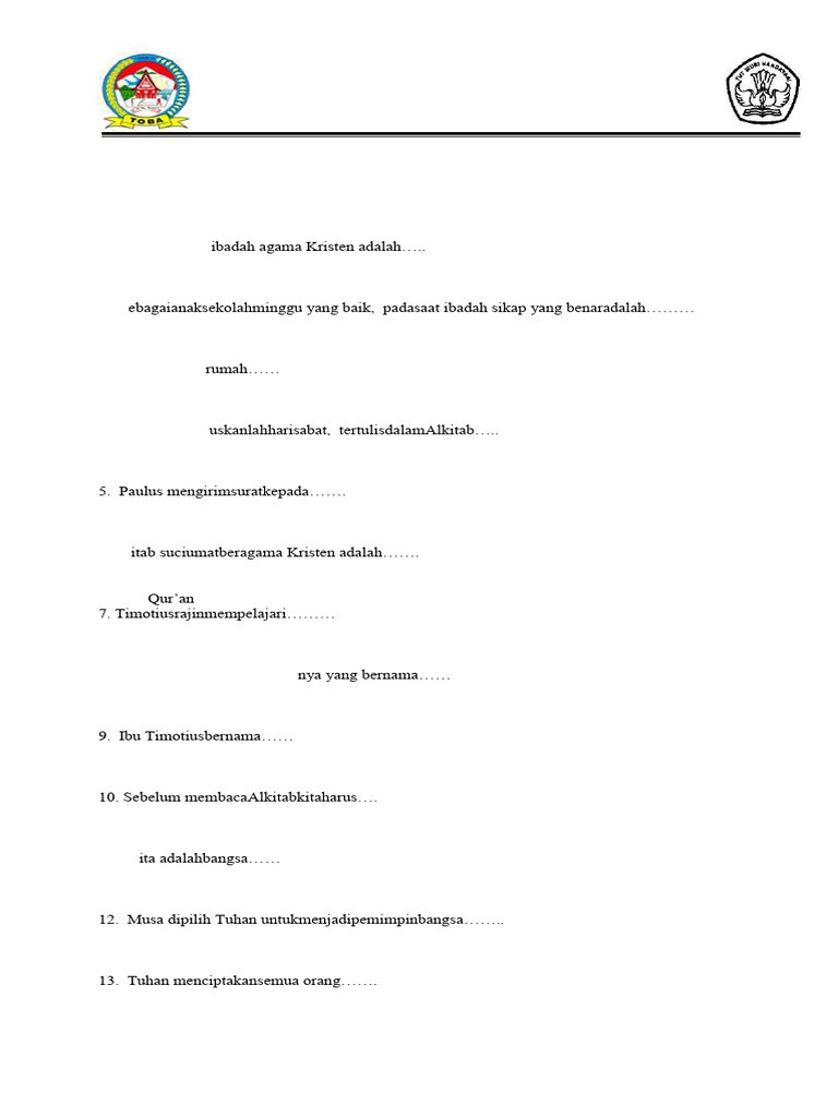 Soal Ujian Agama Kristen Kelas II PDF Soal Ujian Agama Kristen Kelas II PDF
